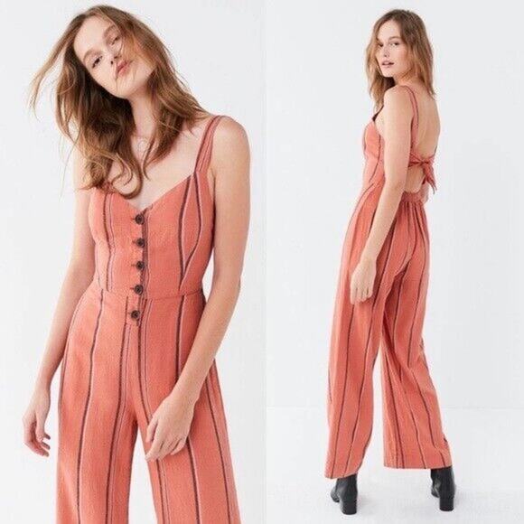 Urban Outfitters Ashley Striped Button-Through Tie-Back Jumpsuit - Peach - M - Picture 1 of 16